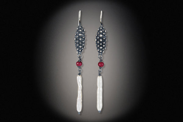 Bumpy Long Earring with Pearl And Ruby